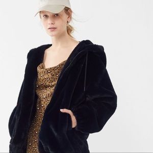 UO Faux Fur Hooded Bomber Jacket